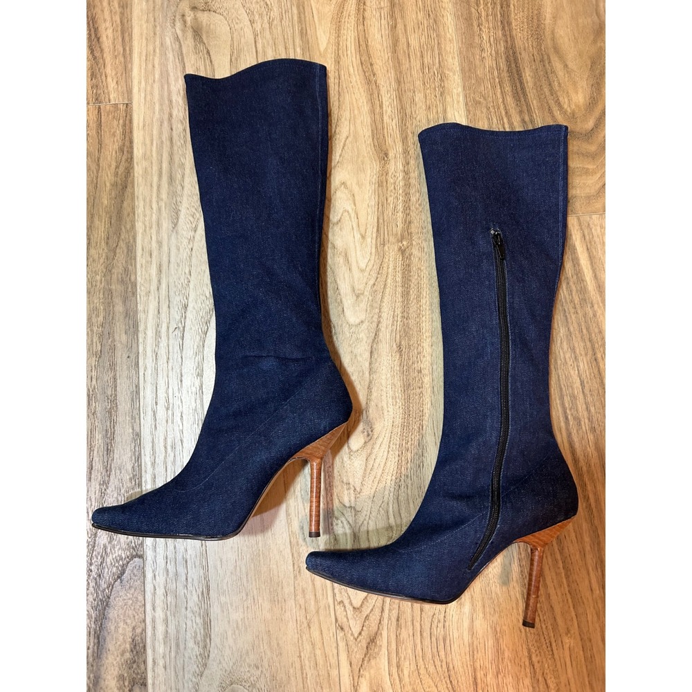 Dark Wash Denim Knee High Stiletto Boots Pointed Toe Wood Heel Size 7